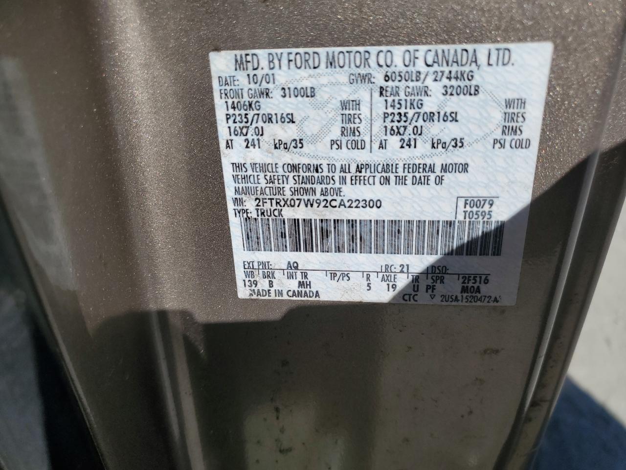 2002 Ford F150 VIN: 2FTRX07W92CA22300 Lot: 82280605