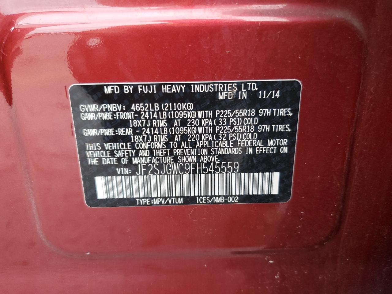 2015 Subaru Forester 2.0Xt Touring VIN: JF2SJGWC9FH545559 Lot: 85127735