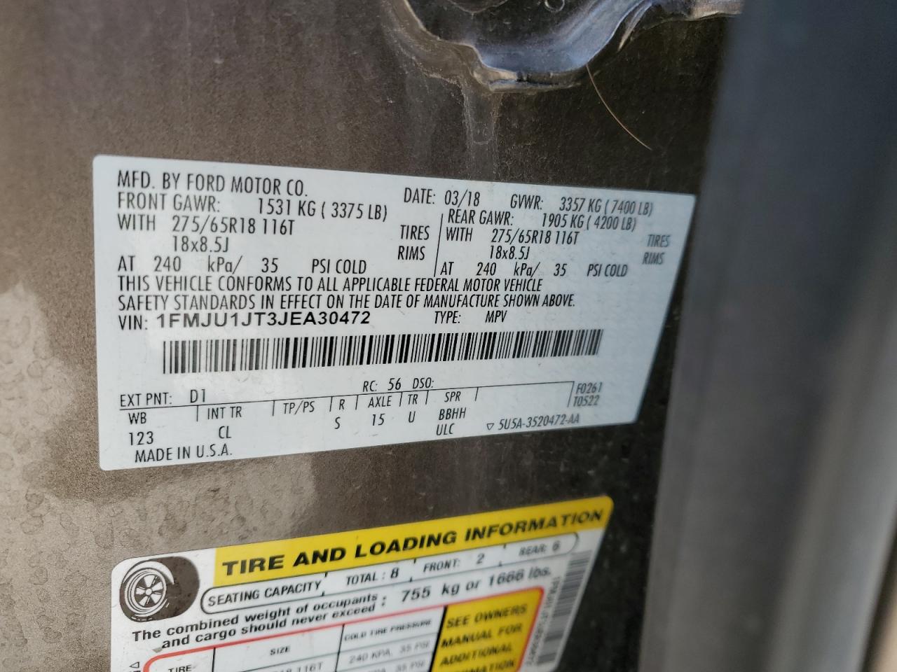 2018 Ford Expedition Xlt VIN: 1FMJU1JT3JEA30472 Lot: 84970405