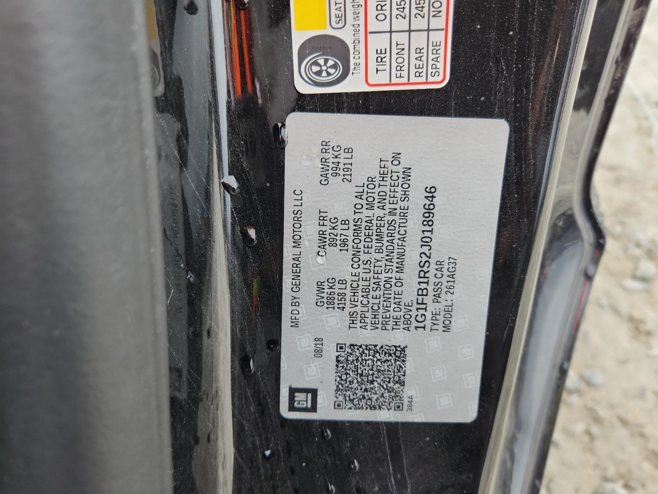 2018 Chevrolet Camaro Lt VIN: 1G1FB1RS2J0189646 Lot: 85154395