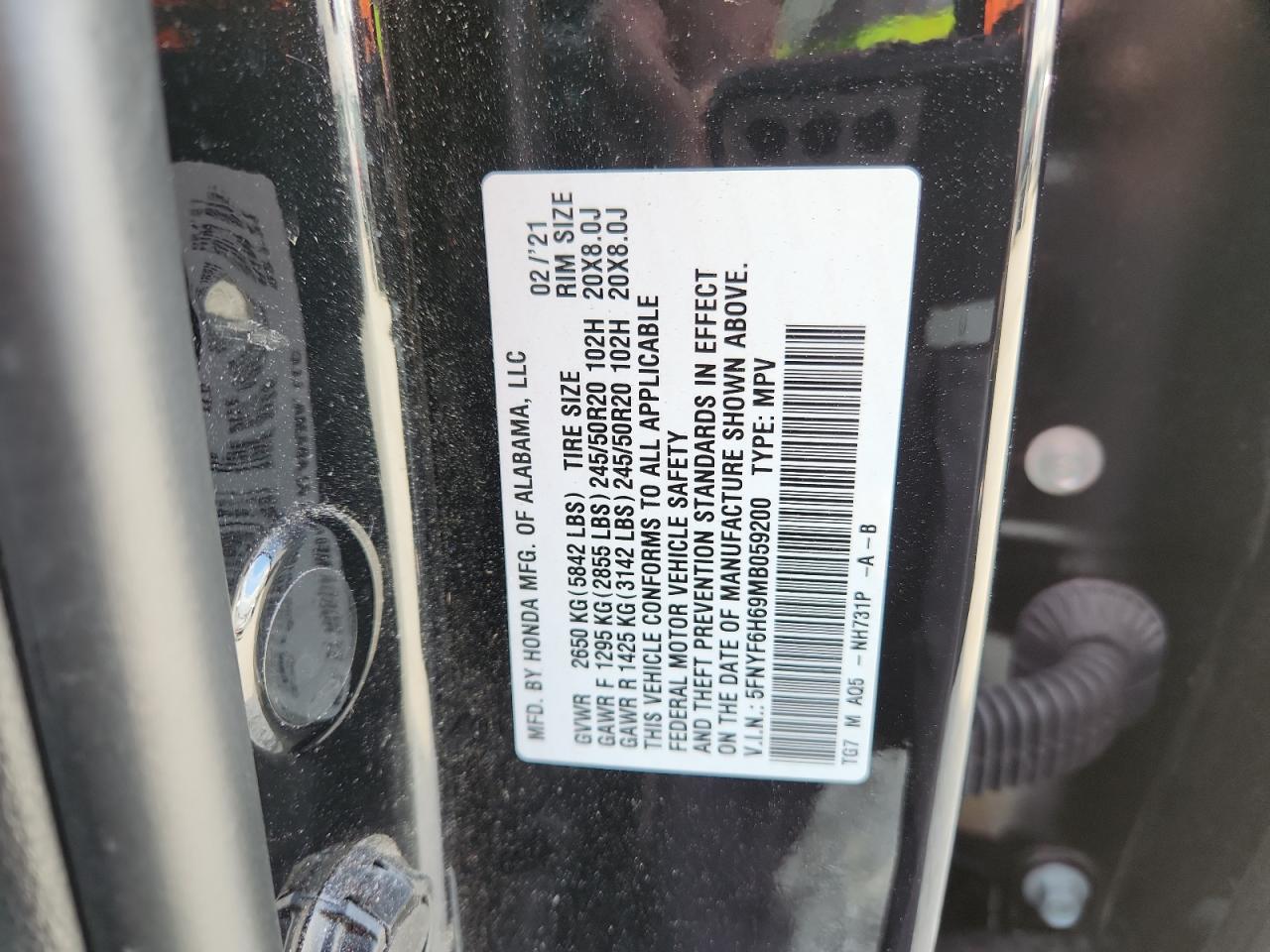 2021 Honda Pilot Touring VIN: 5FNYF6H69MB059200 Lot: 82279685