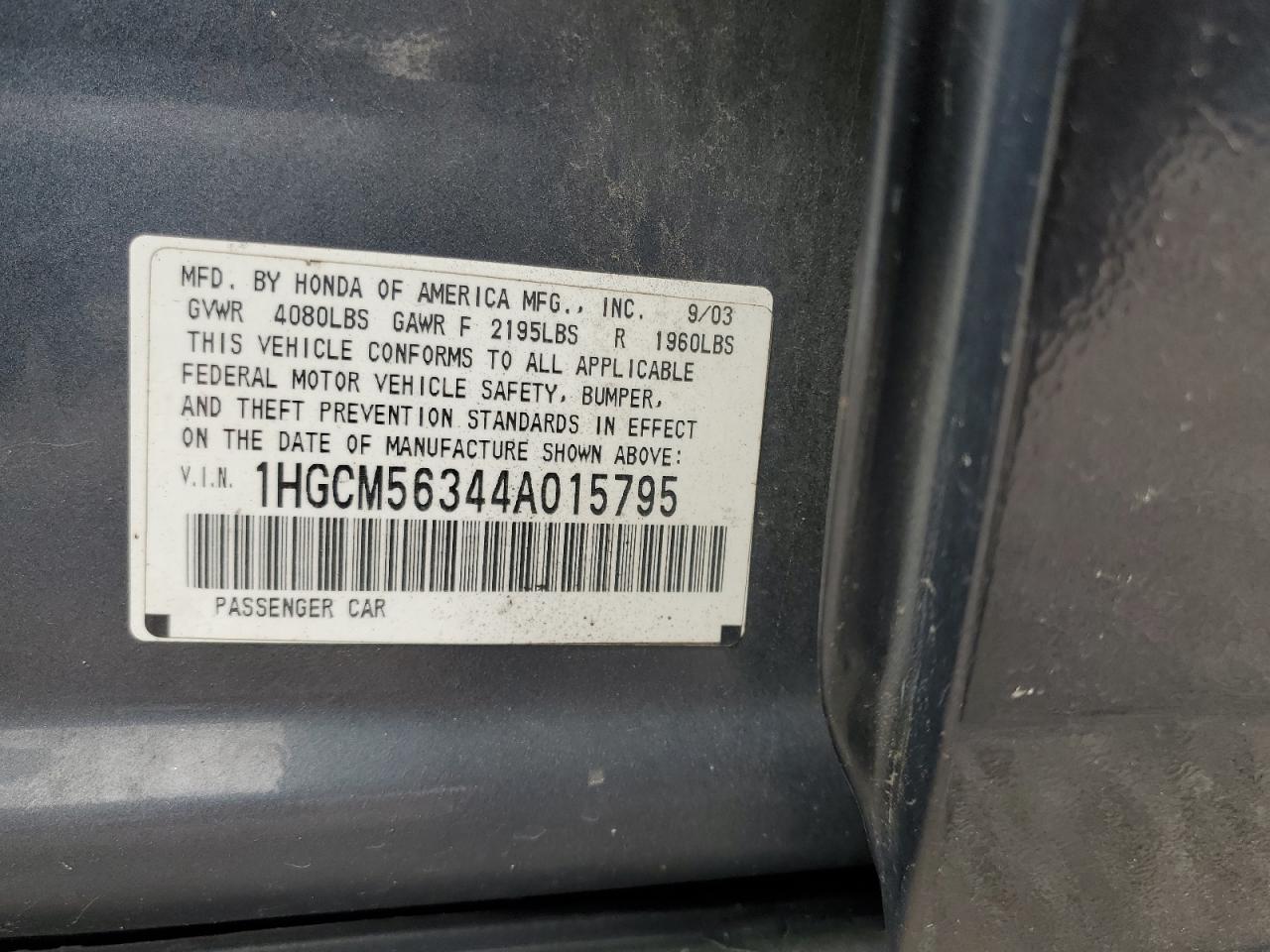 2004 Honda Accord Lx VIN: 1HGCM56344A015795 Lot: 84393305