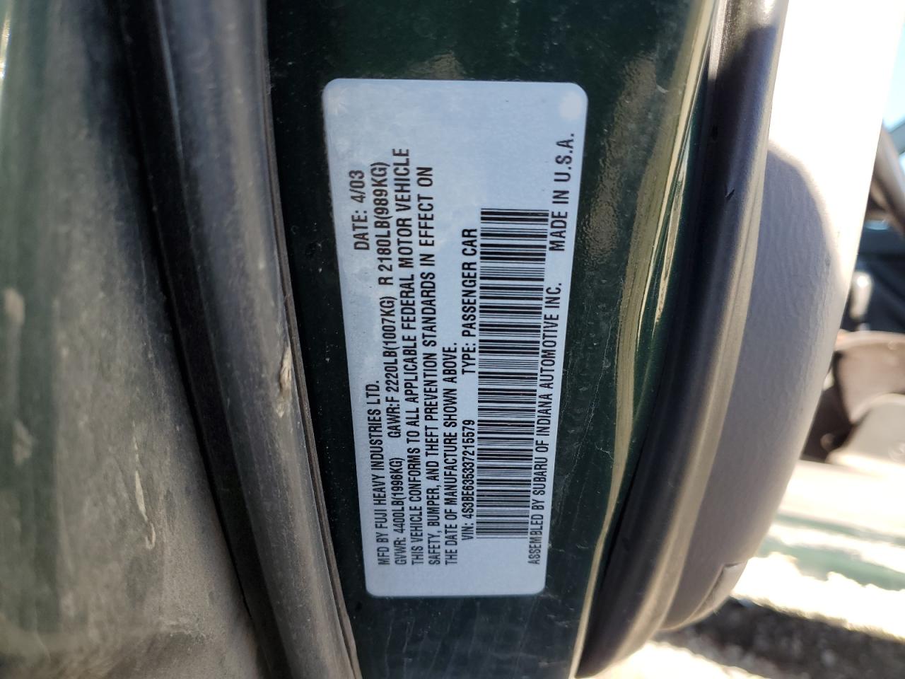 2003 Subaru Legacy L VIN: 4S3BE635337215579 Lot: 82246275