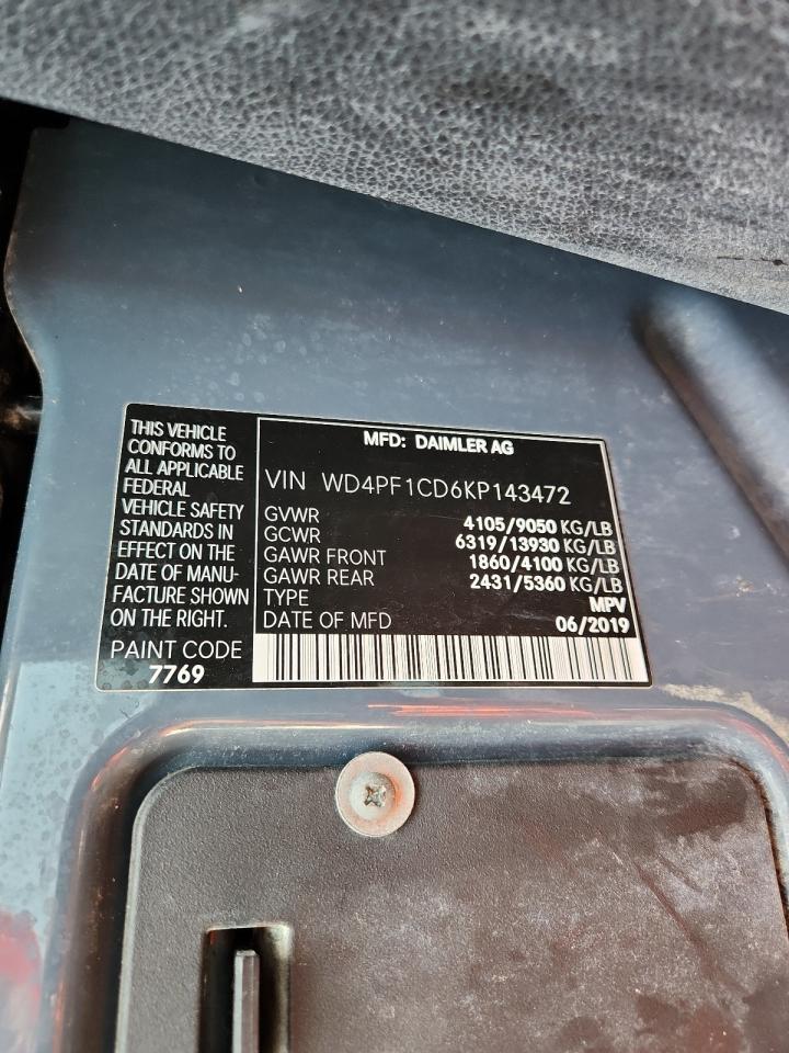 2019 Mercedes-Benz Sprinter 2500/3500 VIN: WD4PF1CD6KP143472 Lot: 90225715