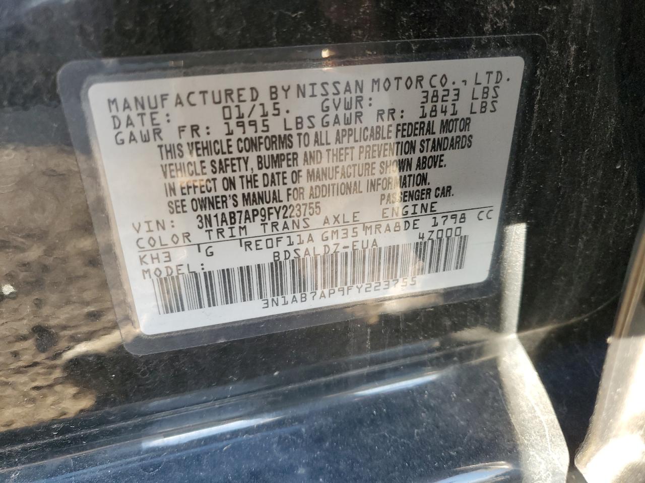 2015 Nissan Sentra S VIN: 3N1AB7AP9FY223755 Lot: 82418925