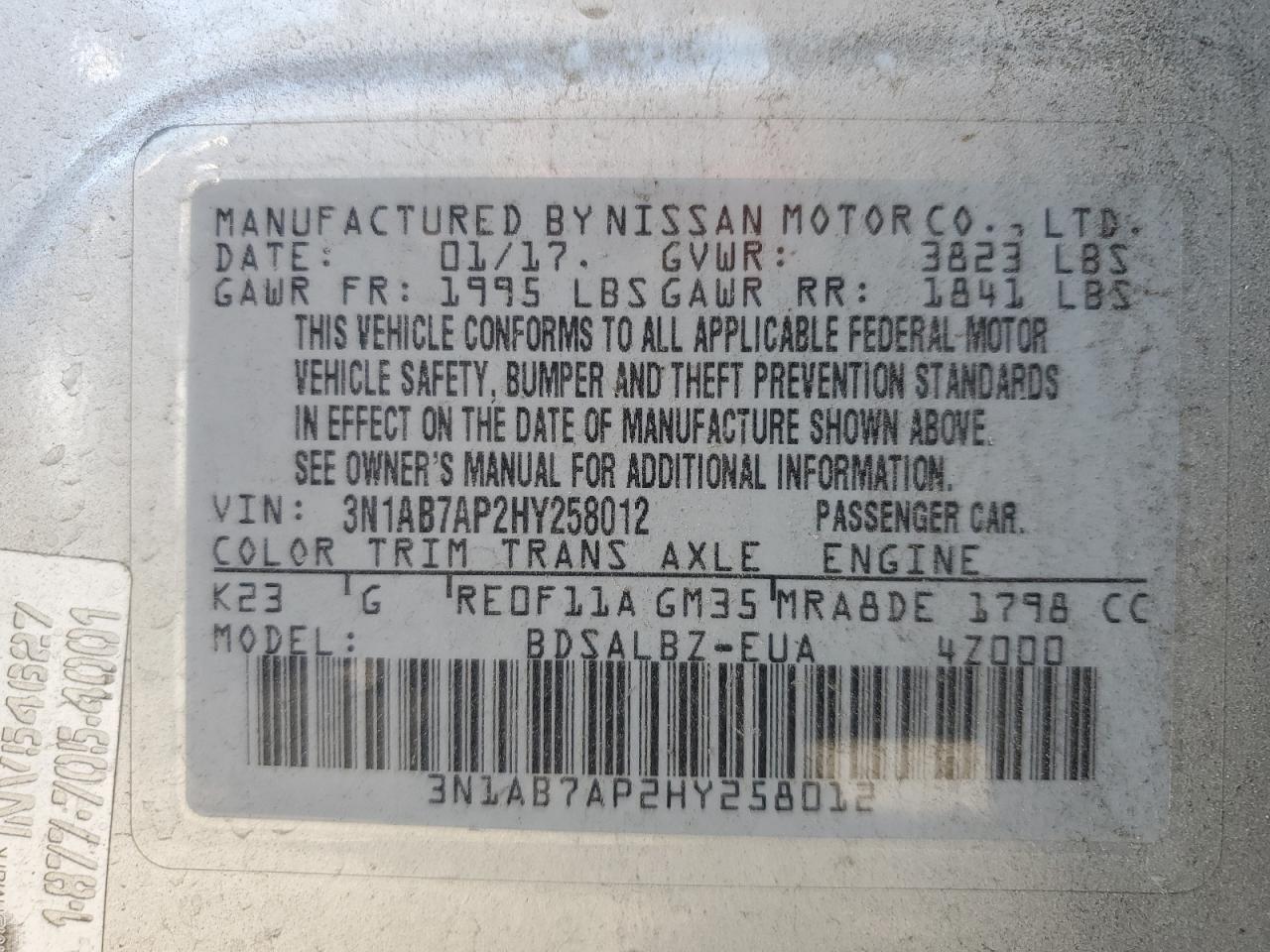 2017 Nissan Sentra S VIN: 3N1AB7AP2HY258012 Lot: 86884795