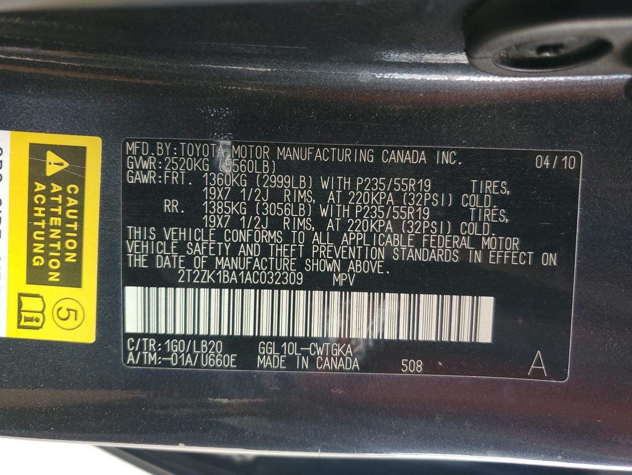 2010 Lexus Rx 350 VIN: 2T2ZK1BA1AC032309 Lot: 81995175