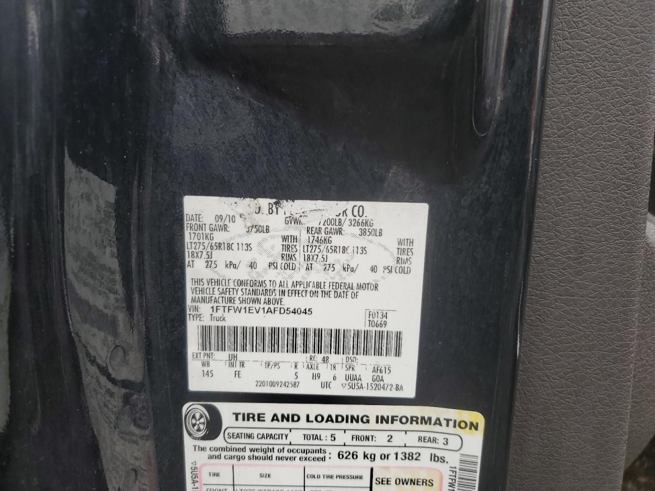 2010 Ford F150 Supercrew VIN: 1FTFW1EV1AFD54045 Lot: 85259855