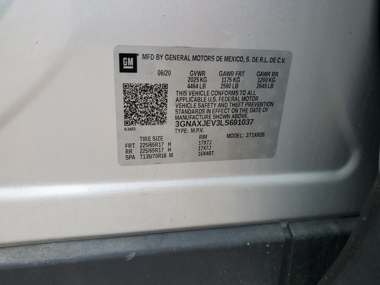 2020 Chevrolet Equinox Lt VIN: 3GNAXJEV3LS691037 Lot: 80826905