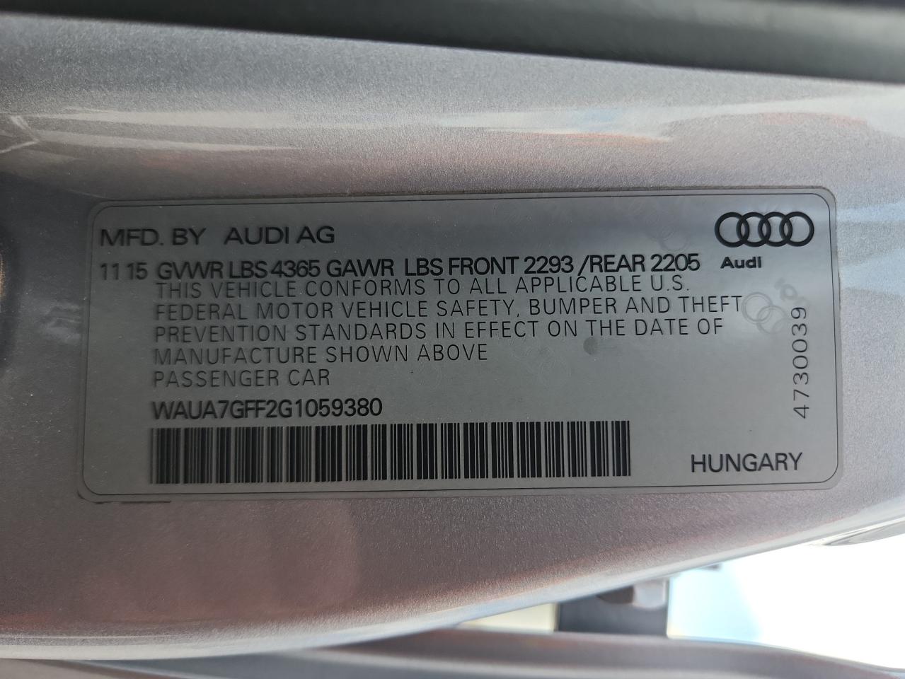 2016 Audi A3 Premium VIN: WAUA7GFF2G1059380 Lot: 82762355