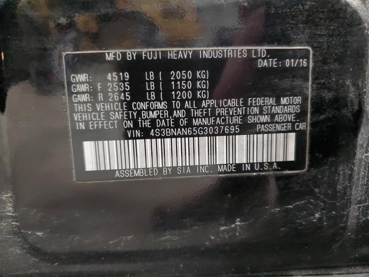 2016 Subaru Legacy 2.5I Limited VIN: 4S3BNAN65G3037695 Lot: 86700515