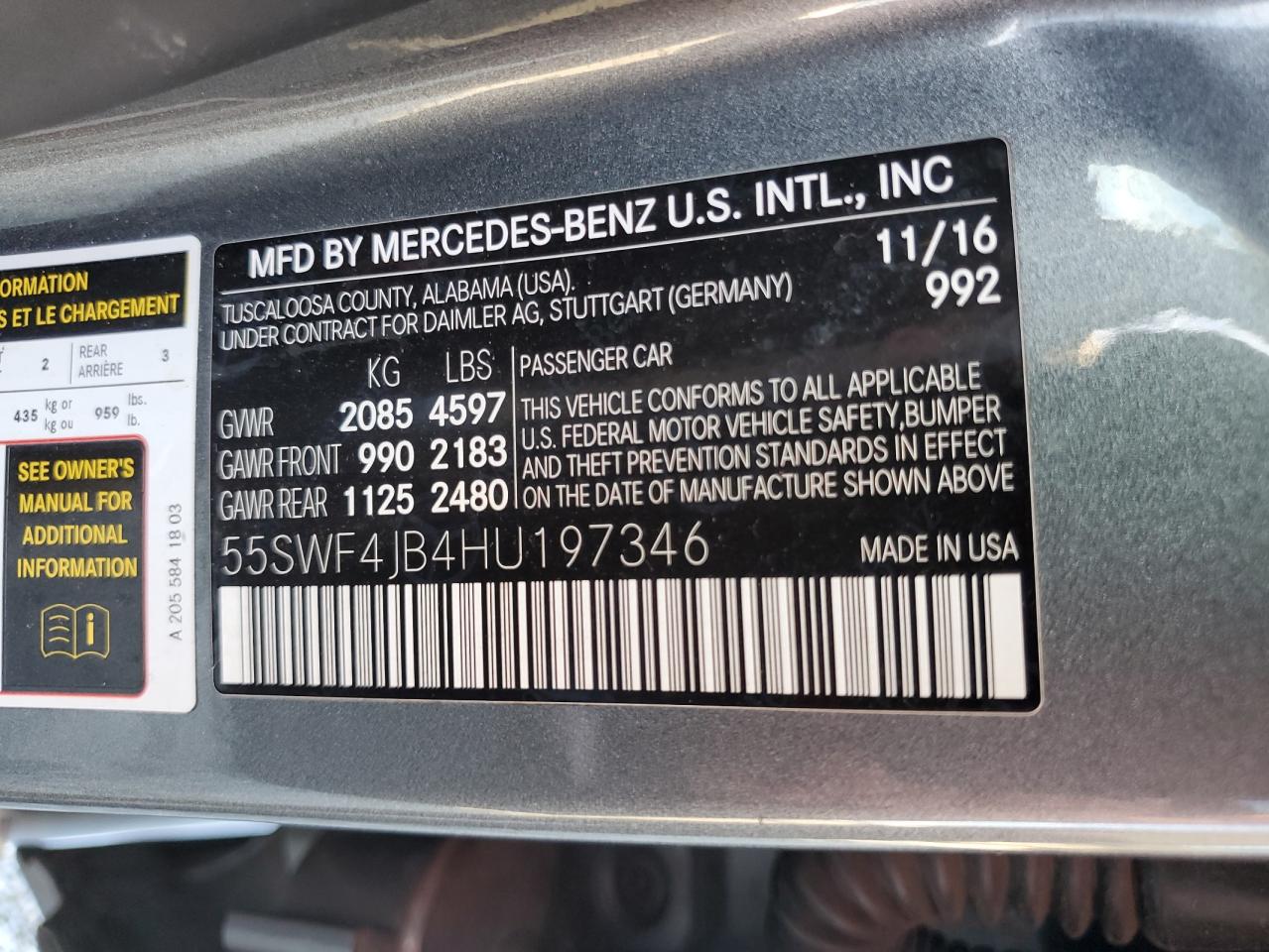 2017 Mercedes-Benz C 300 VIN: 55SWF4JB4HU197346 Lot: 85780605