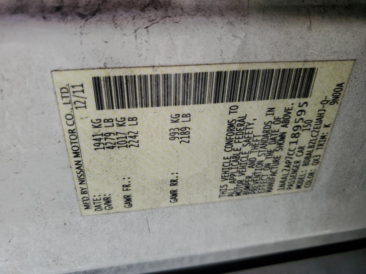 2012 Nissan Altima Base VIN: 1N4AL2AP7CC189595 Lot: 82463885