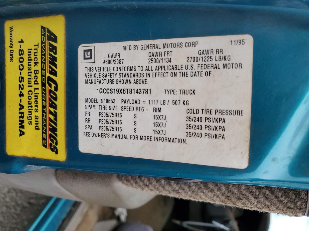 1996 Chevrolet S Truck S10 VIN: 1GCCS19X6T8143781 Lot: 85875685