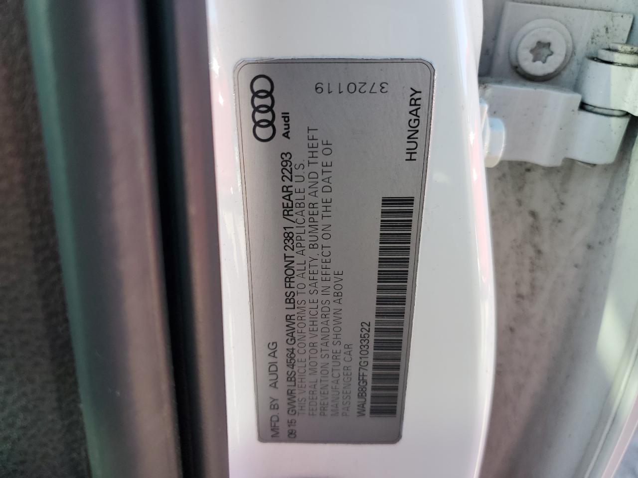 2016 Audi A3 Premium VIN: WAUB8GFF7G1033522 Lot: 85839305