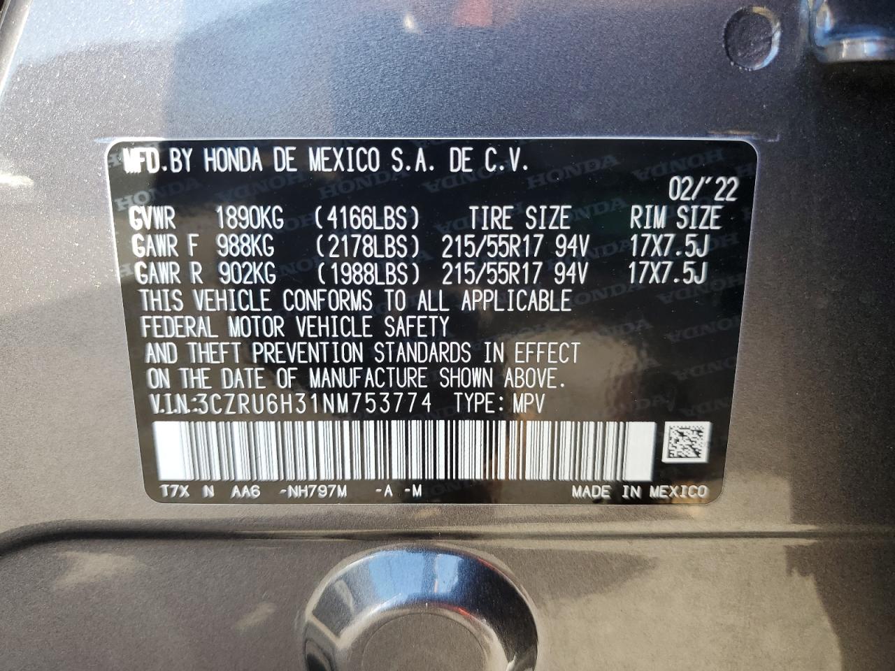 2022 Honda Hr-V Lx VIN: 3CZRU6H31NM753774 Lot: 84750655