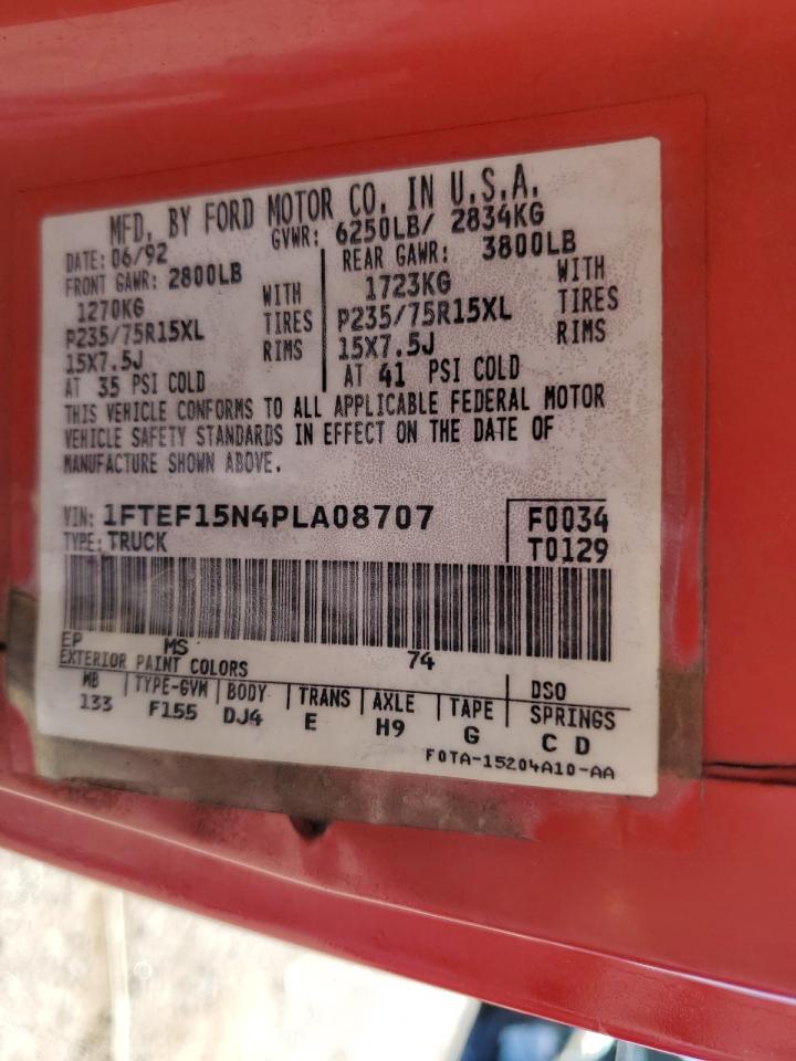 1993 Ford F150 VIN: 1FTEF15N4PLA08707 Lot: 82786735