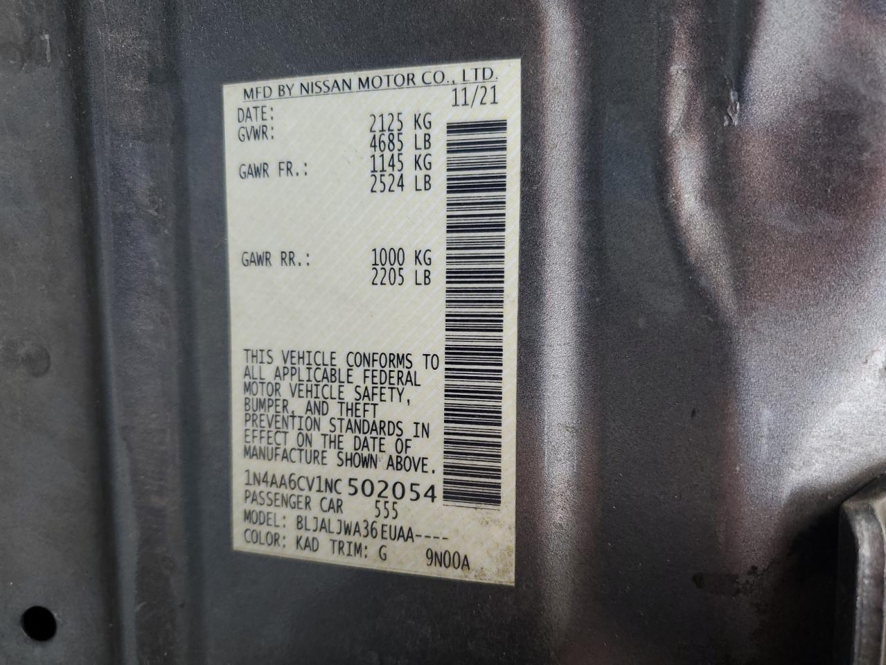 2022 Nissan Maxima Sv VIN: 1N4AA6CV1NC502054 Lot: 82675355