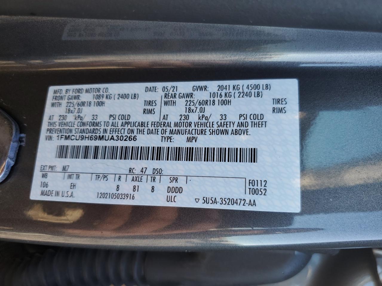 2021 Ford Escape Sel VIN: 1FMCU9H69MUA30266 Lot: 85744735