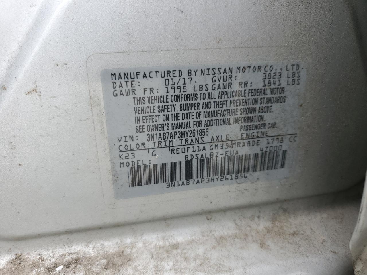 2017 Nissan Sentra S VIN: 3N1AB7AP3HY261856 Lot: 85351445