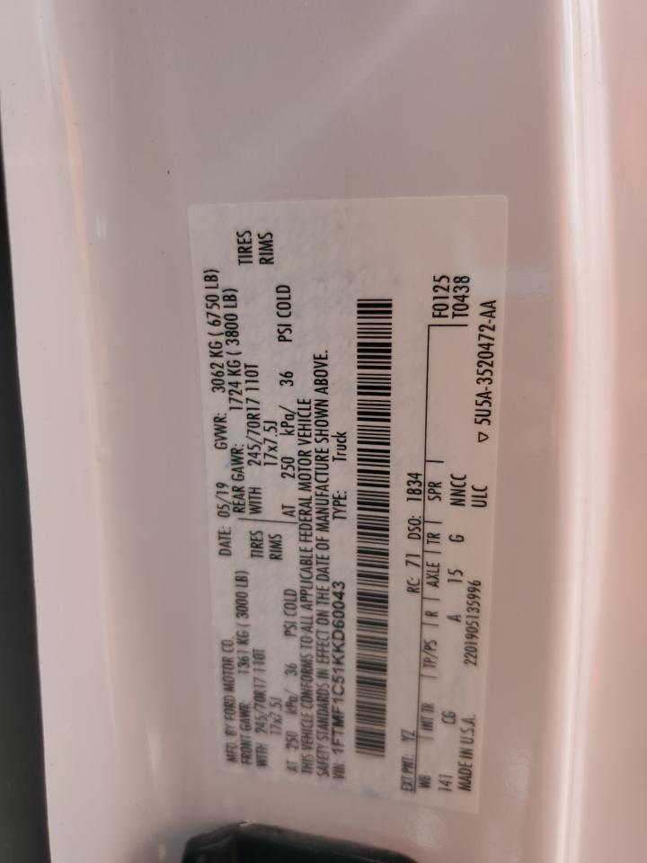 2019 Ford F150 VIN: 1FTMF1C51KKD60043 Lot: 82262975