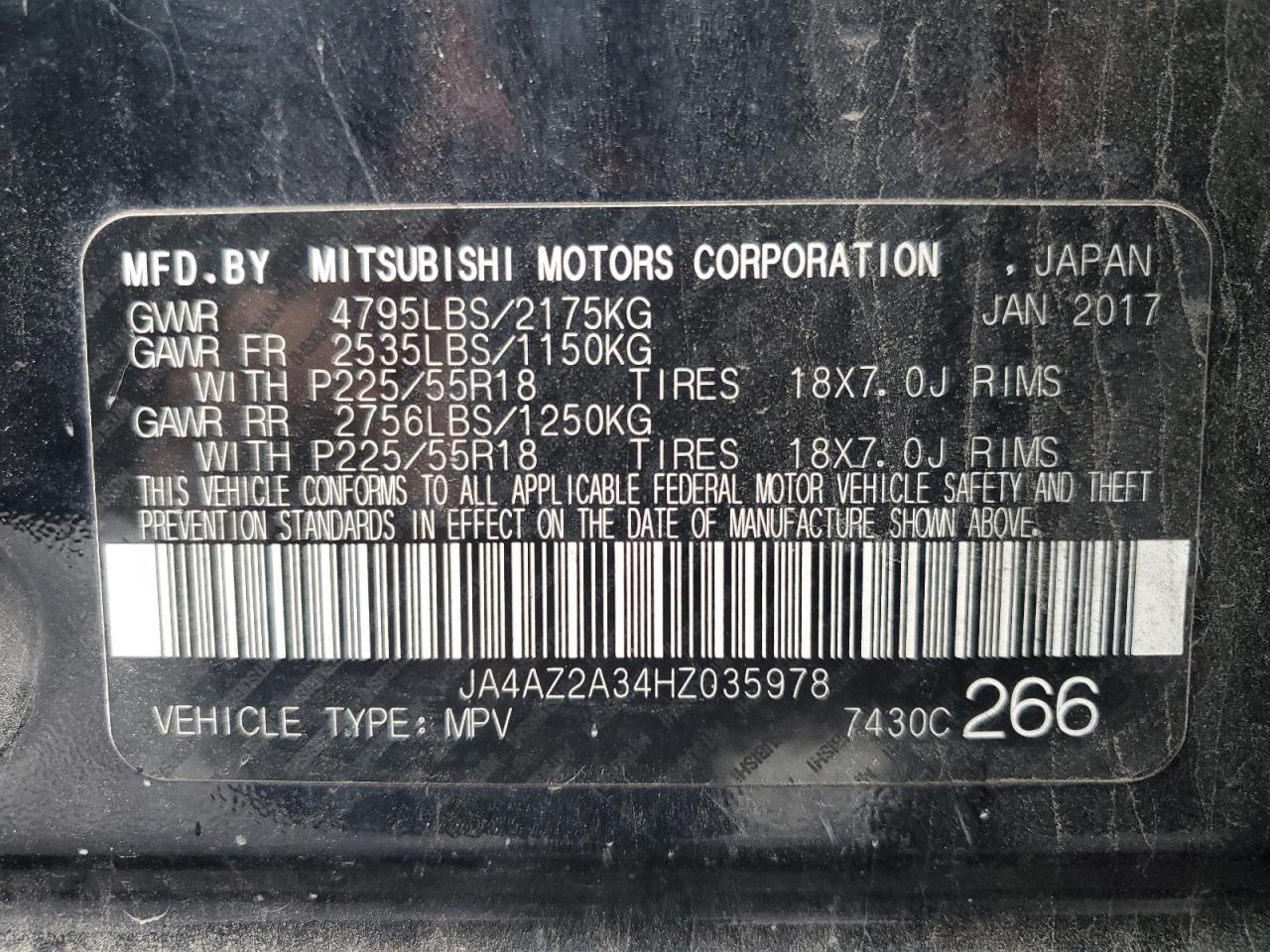 2017 Mitsubishi Outlander Es VIN: JA4AZ2A34HZ035978 Lot: 86443085