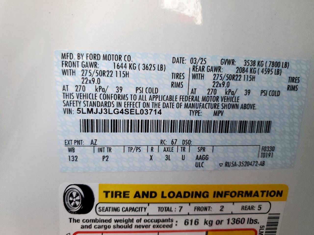 2025 Lincoln Navigator L Reserve VIN: 5LMJJ3LG4SEL03714 Lot: 86309685