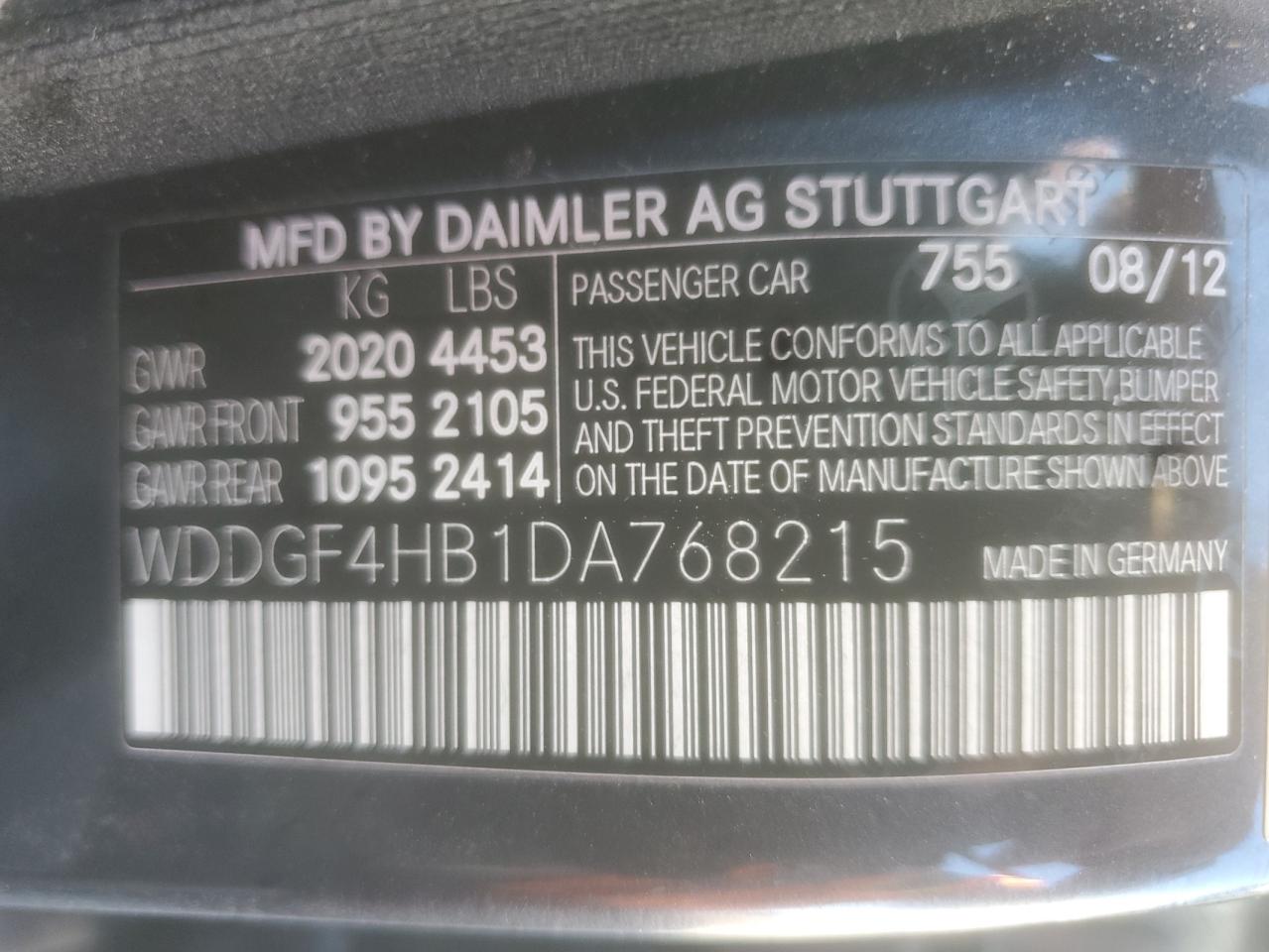 2013 Mercedes-Benz C 250 VIN: WDDGF4HB1DA768215 Lot: 90613895