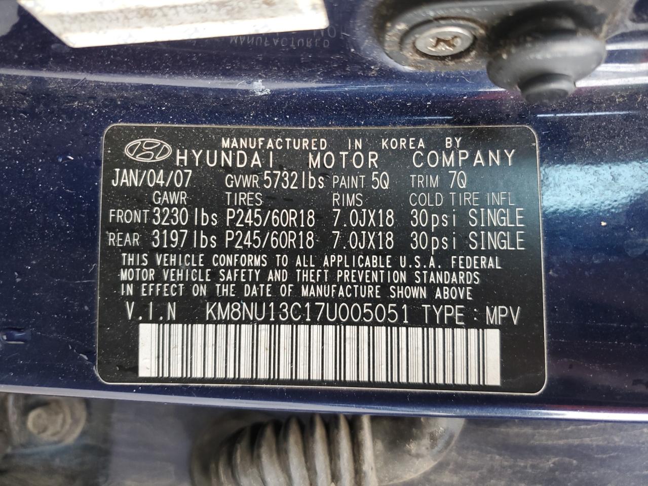 2007 Hyundai Veracruz Gls VIN: KM8NU13C17U005051 Lot: 89514605