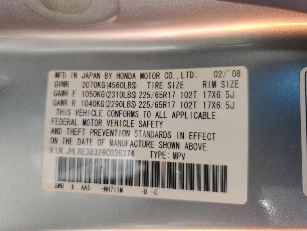 2008 Honda Cr-V Lx VIN: JHLRE38328C036374 Lot: 89924765