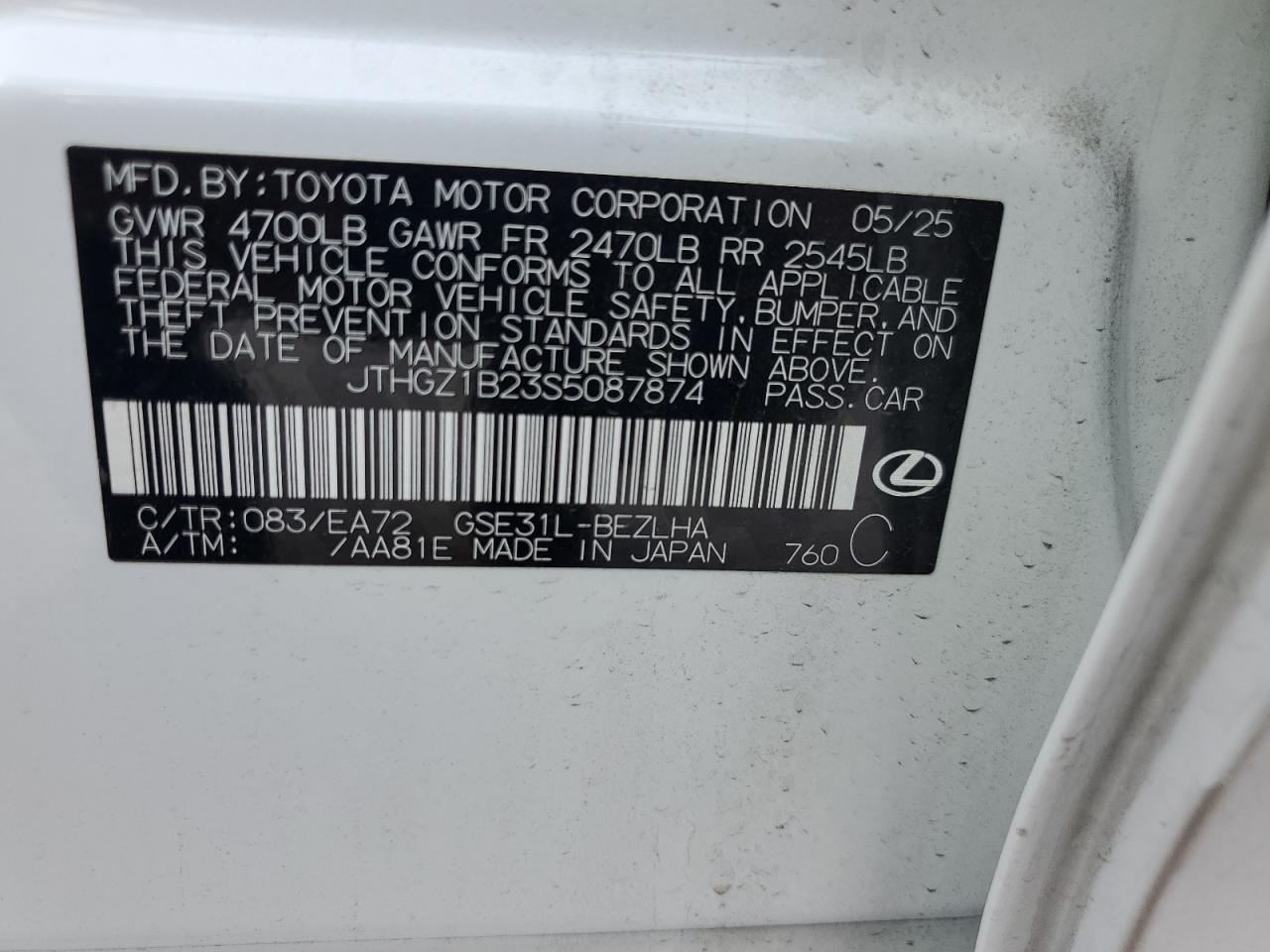 2025 Lexus Is 350 F Sport Design VIN: JTHGZ1B23S5087874 Lot: 85346365