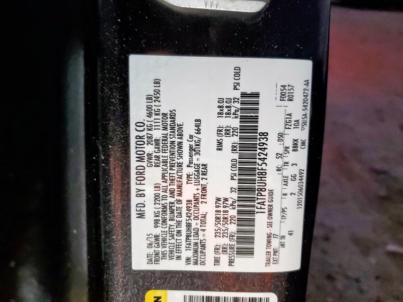 2015 Ford Mustang VIN: 1FATP8UH8F5424938 Lot: 90064495