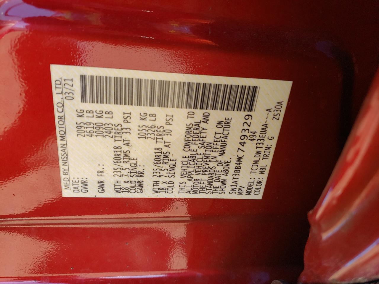 2021 Nissan Rogue Sv VIN: 5N1AT3BB4MC749329 Lot: 84818625