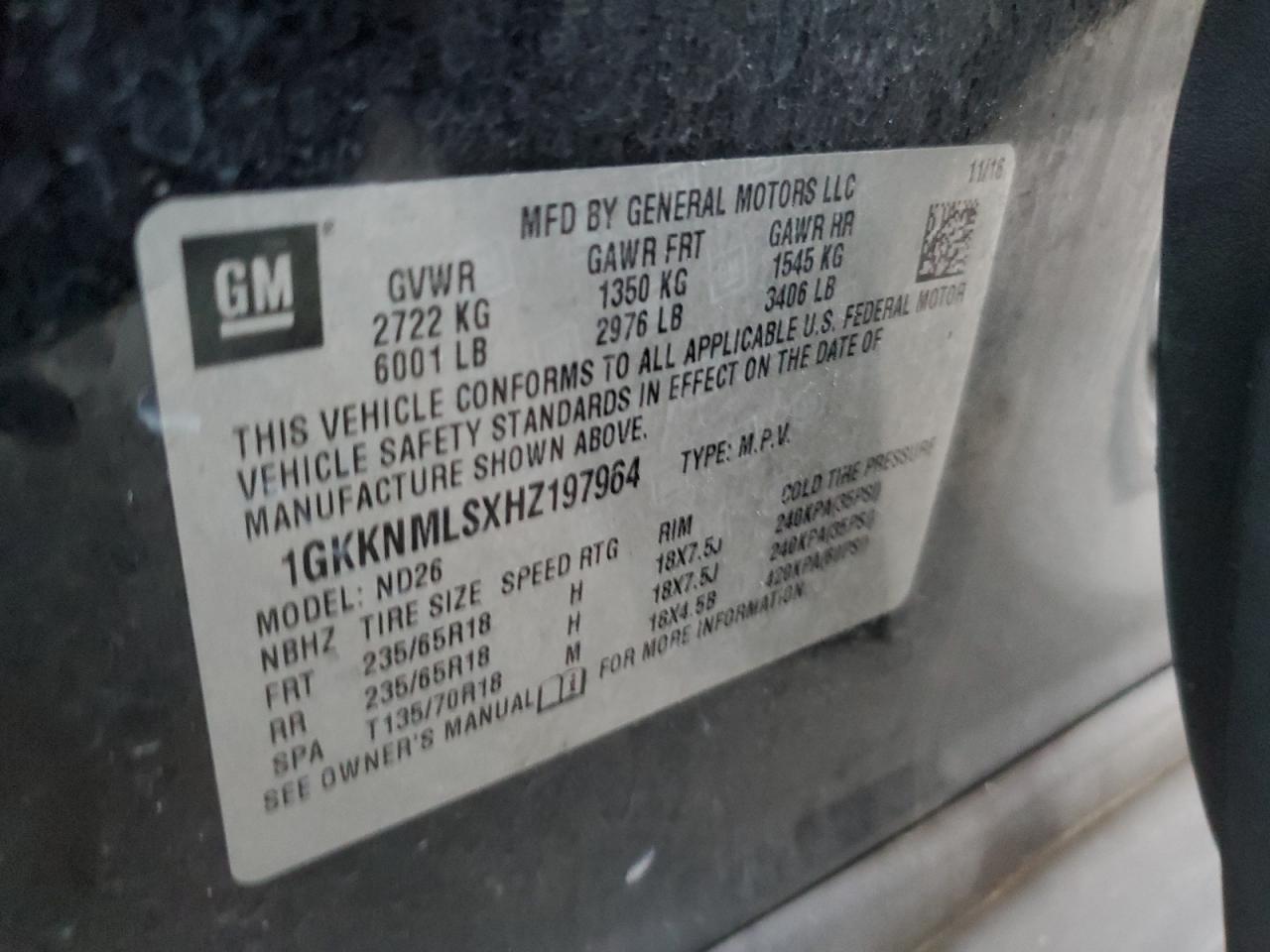 2017 GMC Acadia Slt-1 VIN: 1GKKNMLSXHZ197964 Lot: 84756705