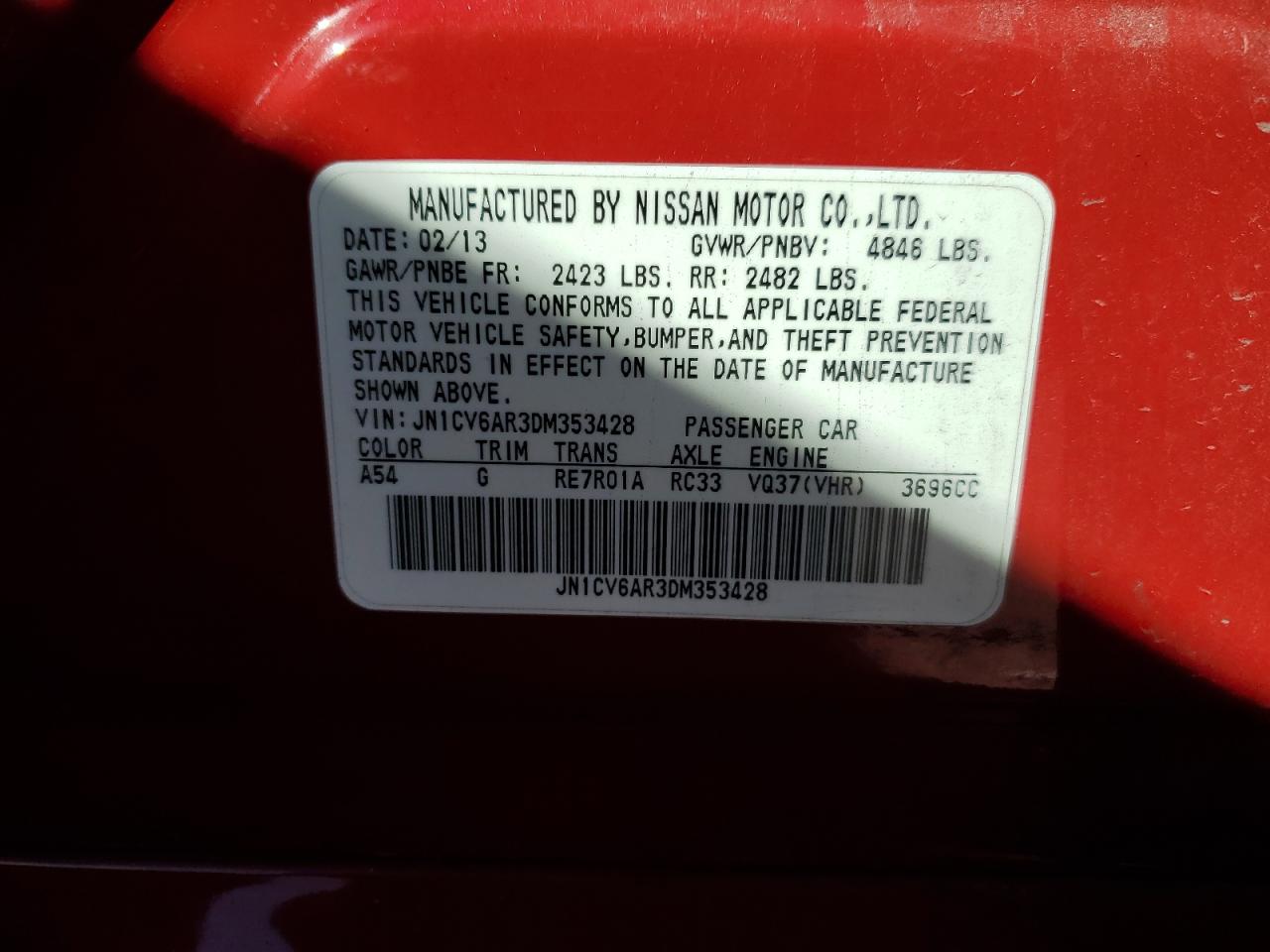 2013 Infiniti G37 VIN: JN1CV6AR3DM353428 Lot: 87112375