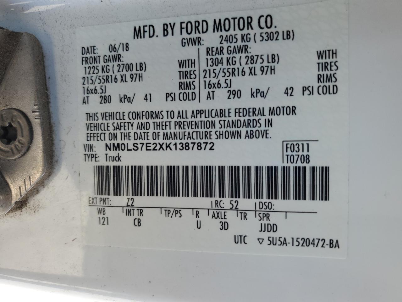 2019 Ford Transit Connect Xl VIN: NM0LS7E2XK1387872 Lot: 89542315