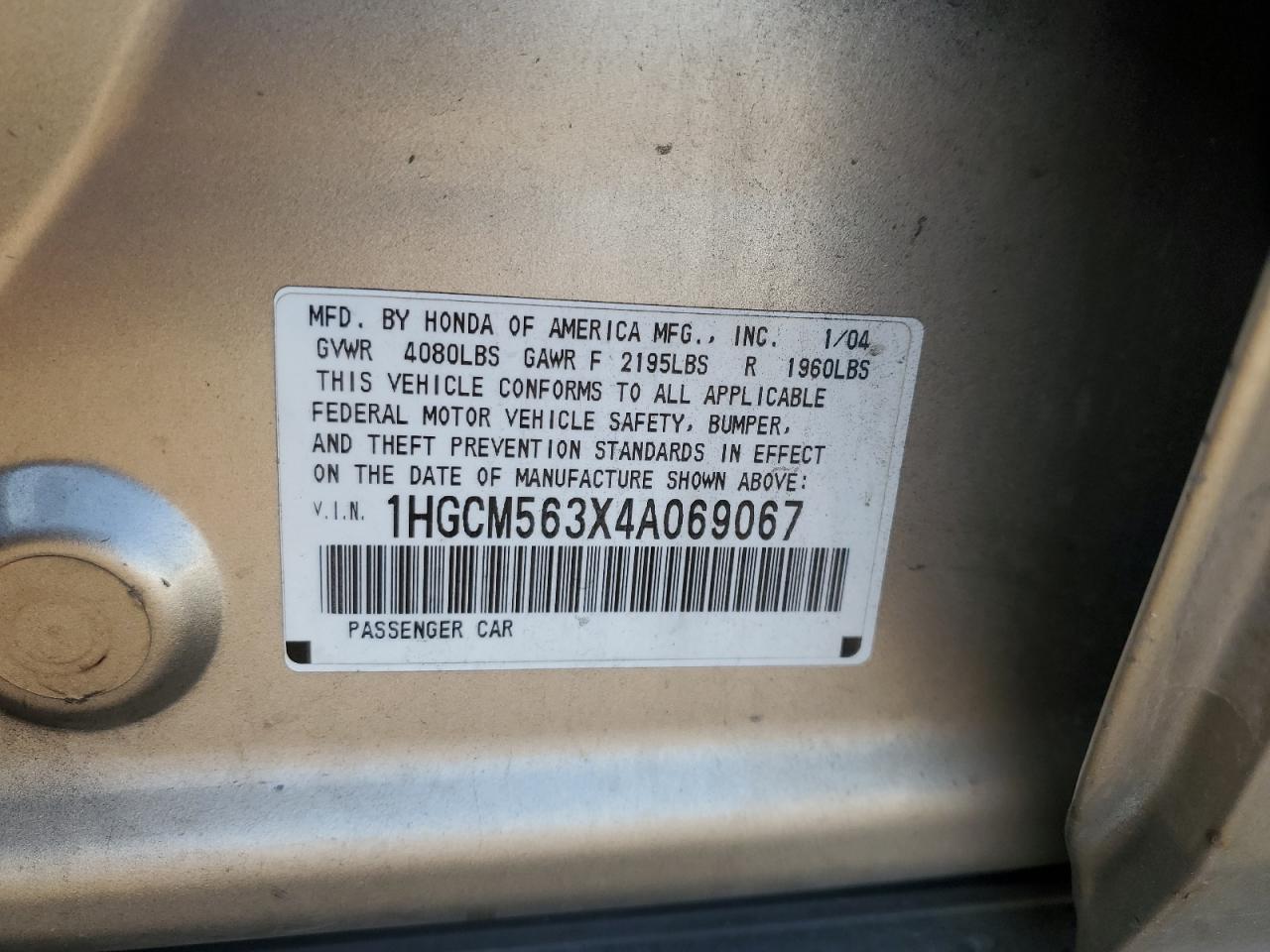 2004 Honda Accord Lx VIN: 1HGCM563X4A069067 Lot: 81994105