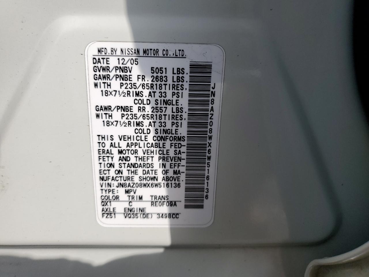 2006 Nissan Murano Sl VIN: JN8AZ08WX6W516136 Lot: 84987365