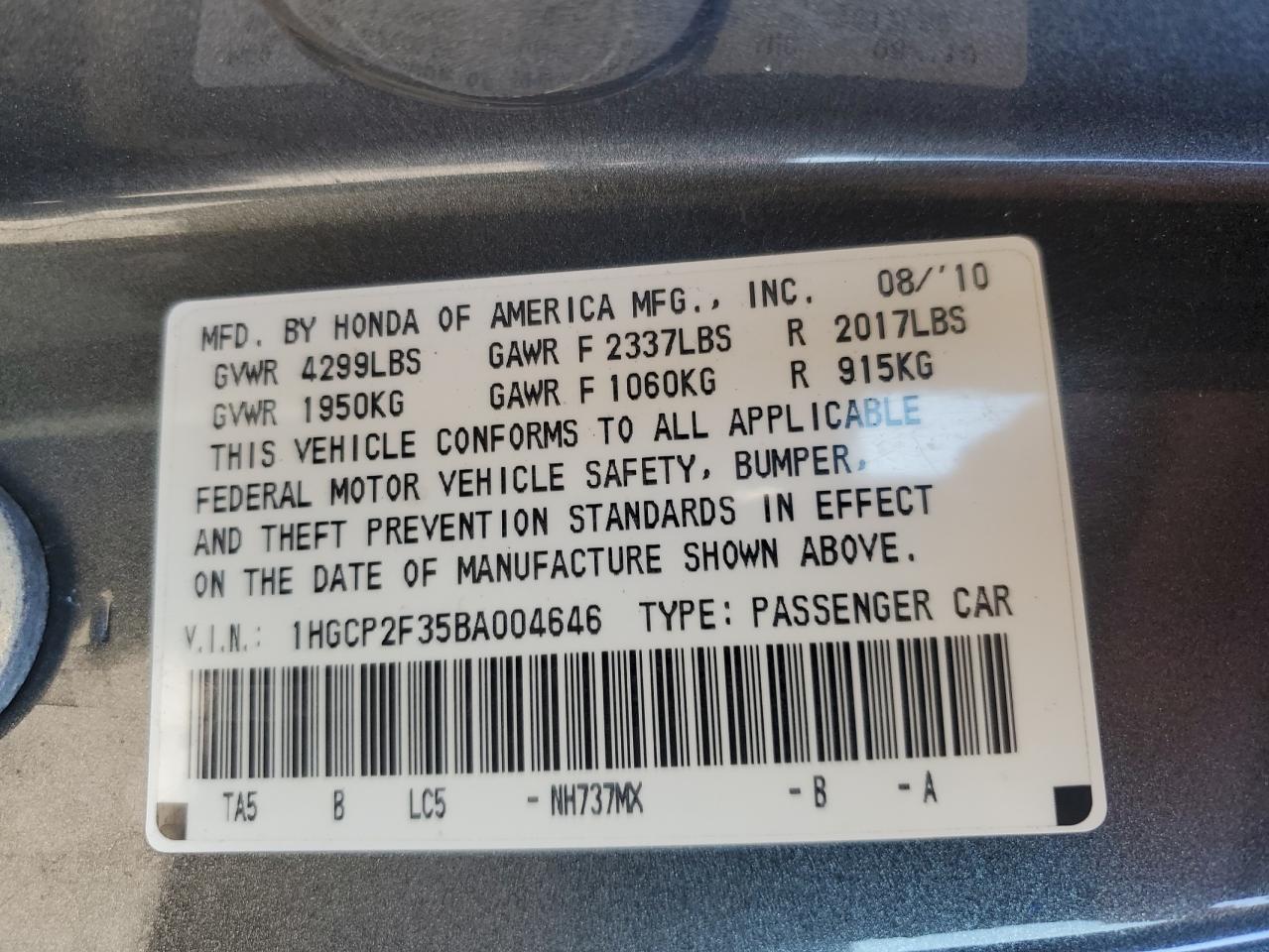 2011 Honda Accord Lx VIN: 1HGCP2F35BA004646 Lot: 86993105