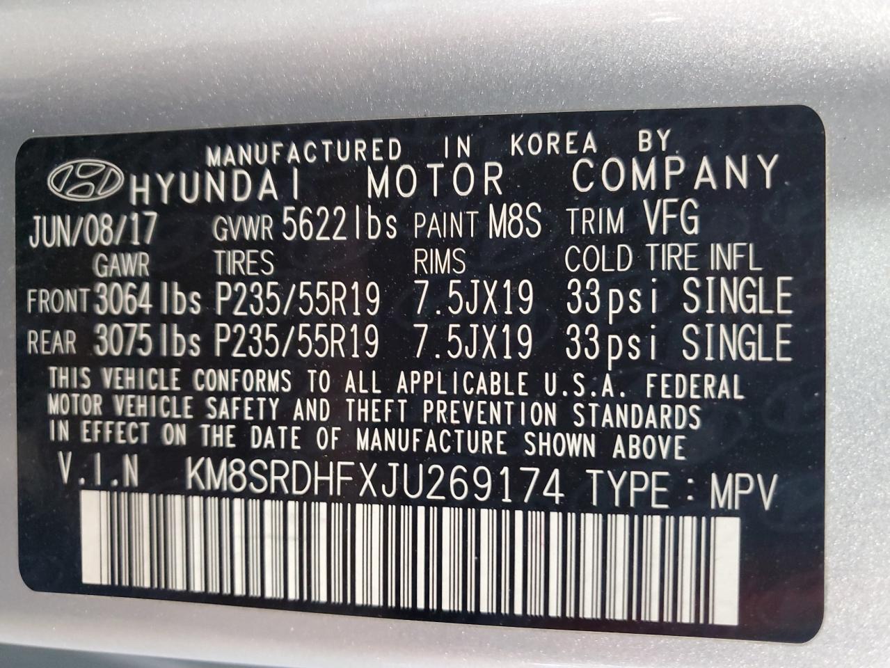 2018 Hyundai Santa Fe Se Ultimate VIN: KM8SRDHFXJU269174 Lot: 85346815