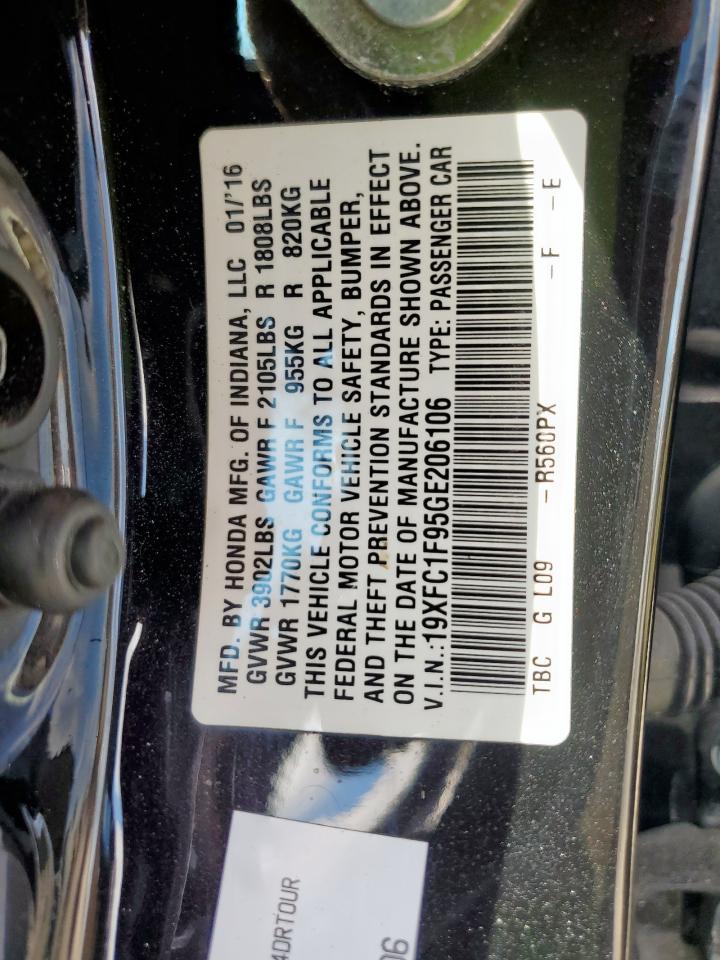 2016 Honda Civic Touring VIN: 19XFC1F95GE206106 Lot: 86177795
