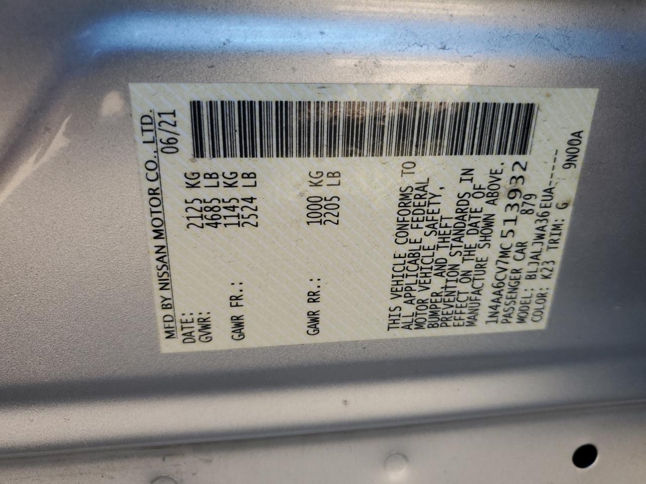 2021 Nissan Maxima Sv VIN: 1N4AA6CV7MC513932 Lot: 82312405