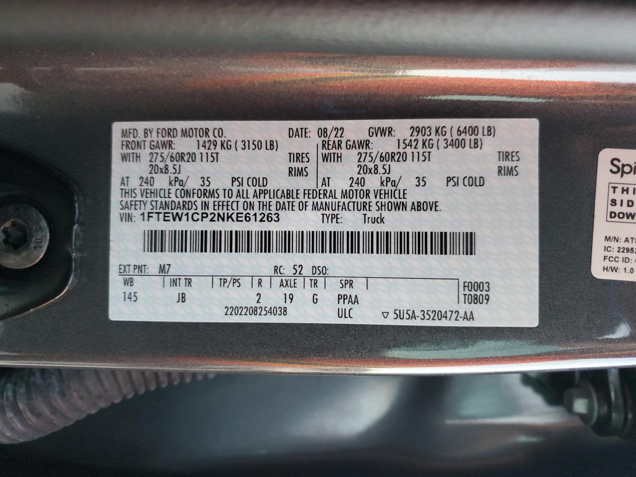 2022 Ford F150 Supercrew VIN: 1FTEW1CP2NKE61263 Lot: 86886735