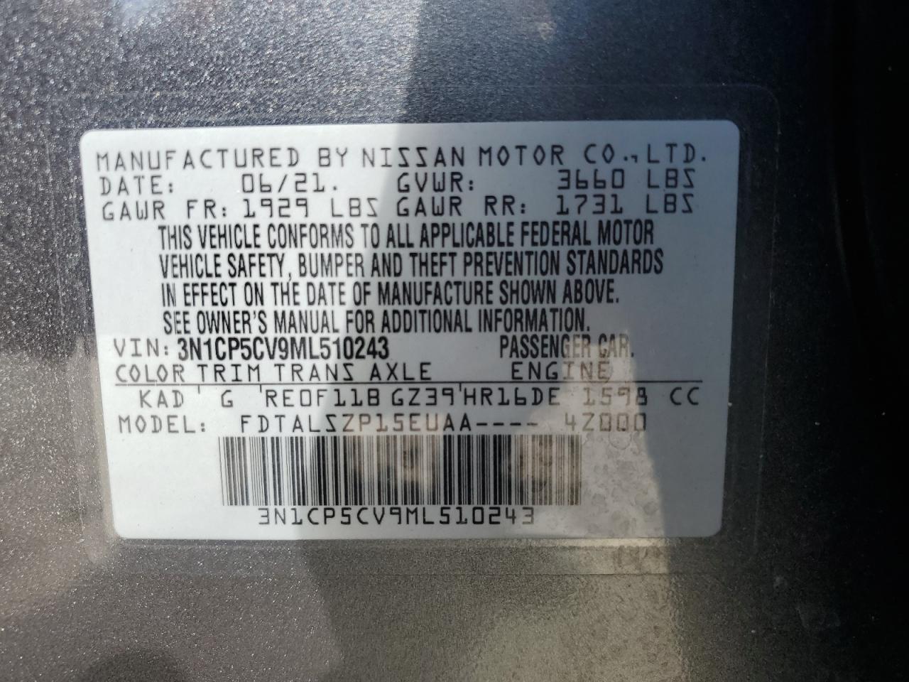 2021 Nissan Kicks Sv VIN: 3N1CP5CV9ML510243 Lot: 84801925