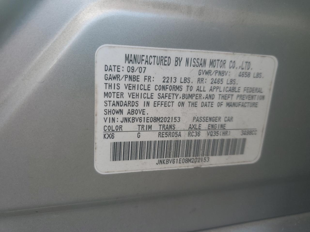 2008 Infiniti G35 VIN: JNKBV61E08M202153 Lot: 82305215