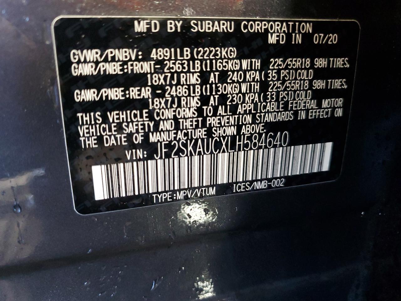 2020 Subaru Forester Limited VIN: JF2SKAUCXLH584640 Lot: 86268815