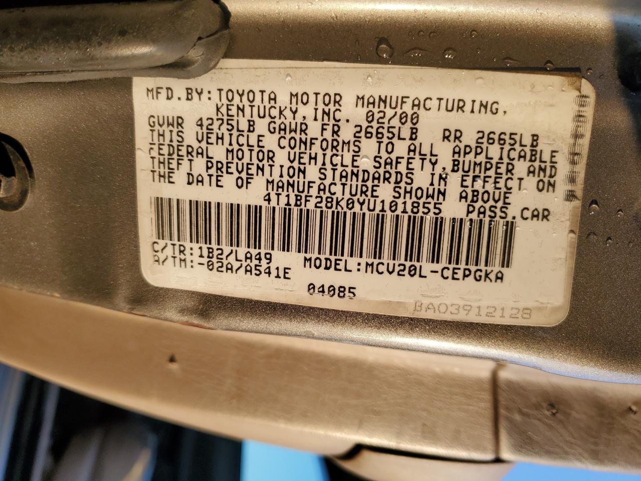 2000 Toyota Camry Le VIN: 4T1BF28K0YU101855 Lot: 90321985