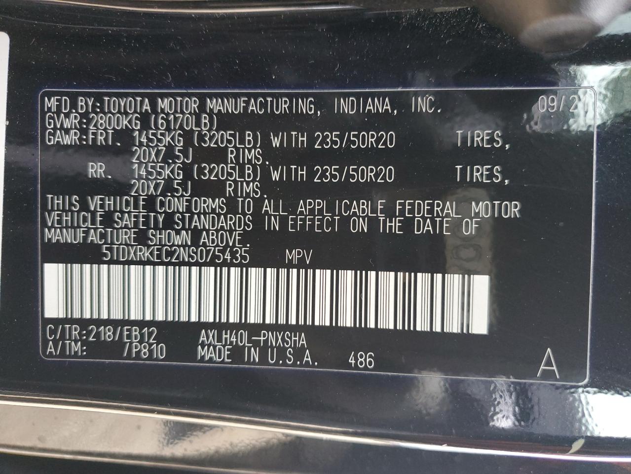 2022 Toyota Sienna Xse VIN: 5TDXRKEC2NS075435 Lot: 89727225