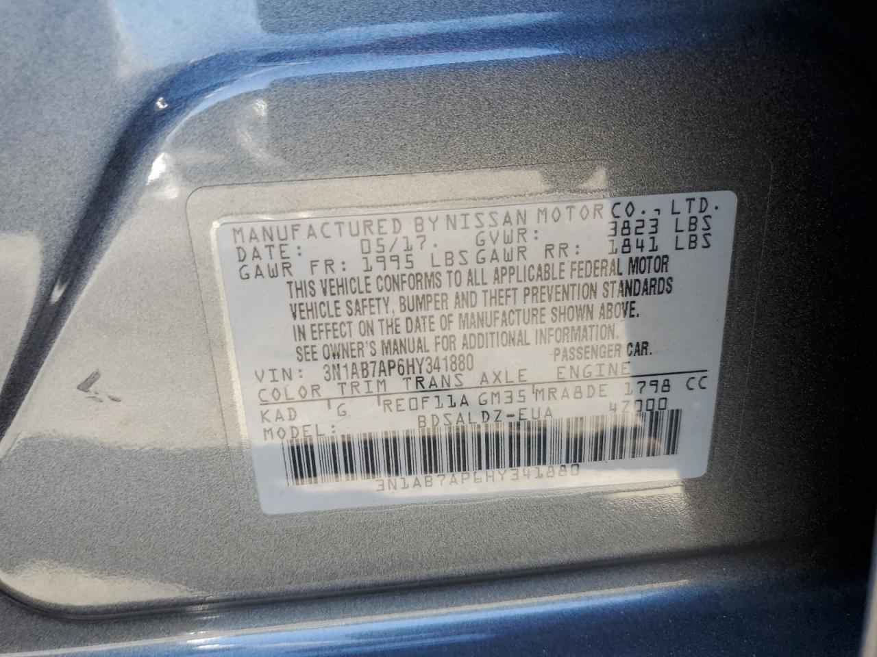 2017 Nissan Sentra S VIN: 3N1AB7AP6HY341880 Lot: 82191735