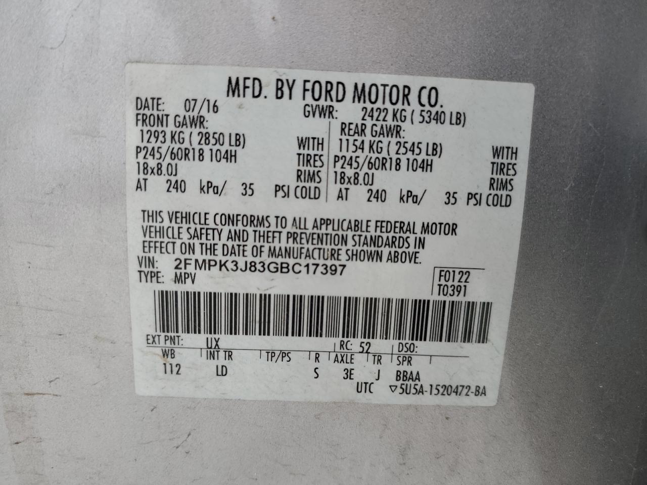 2016 Ford Edge Sel VIN: 2FMPK3J83GBC17397 Lot: 89801155